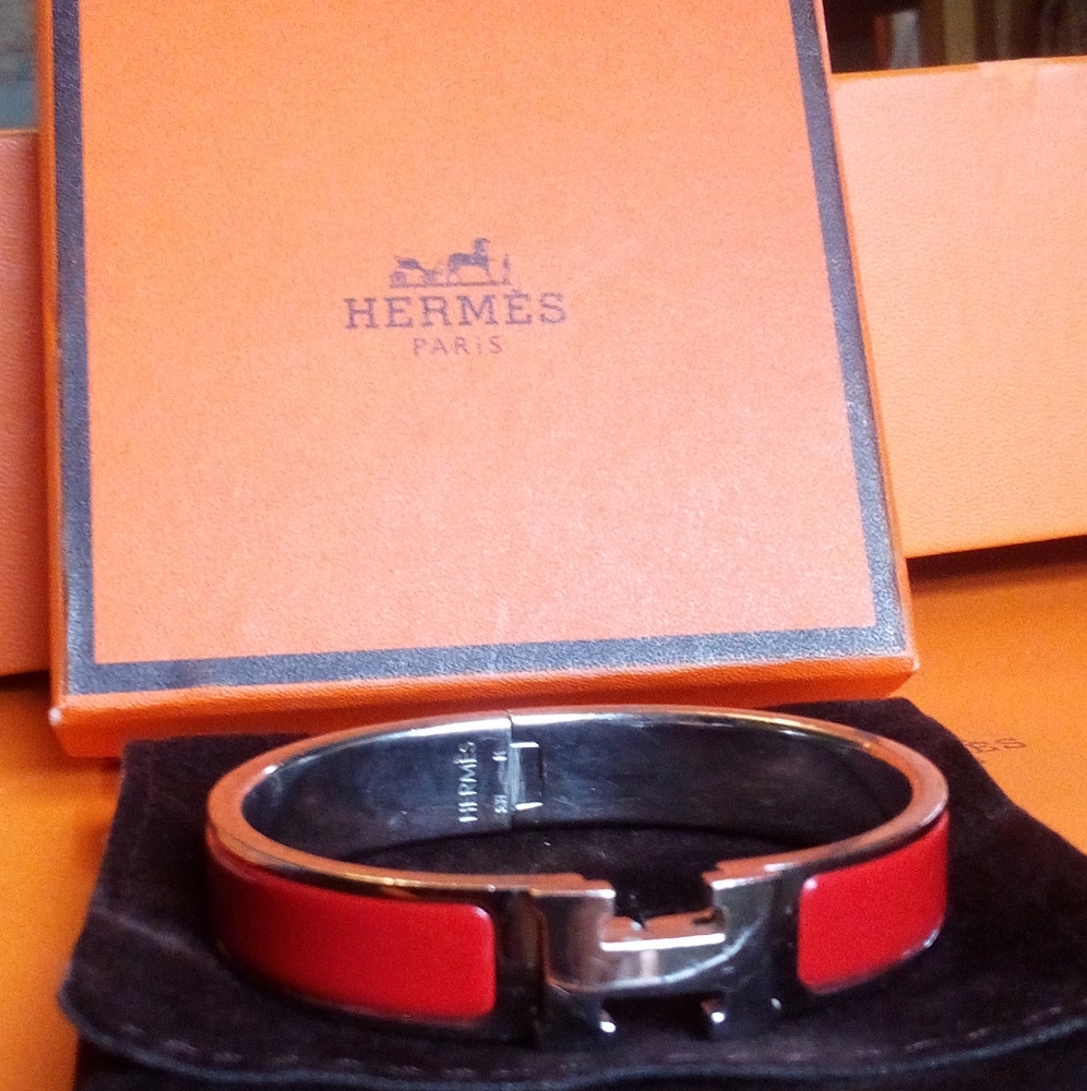 Hermes Click H Red & Silver Gm With Pouch & Box - image 5